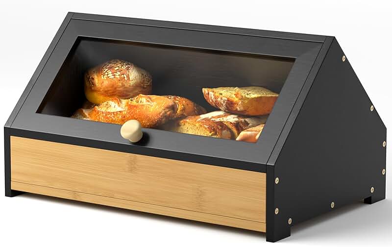 Large Black Bamboo Bread Box for Kitchen Countertop
