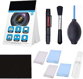 Camera lens cleaning kit with blower, pen, brush, spray, and tissues