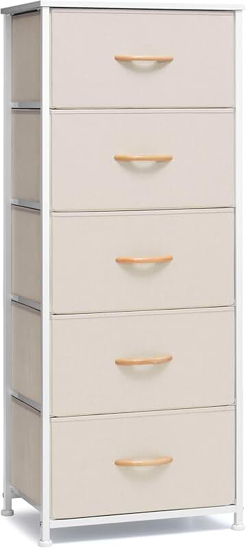 Vertical Storage Tower with 5 Drawers and Wood Top