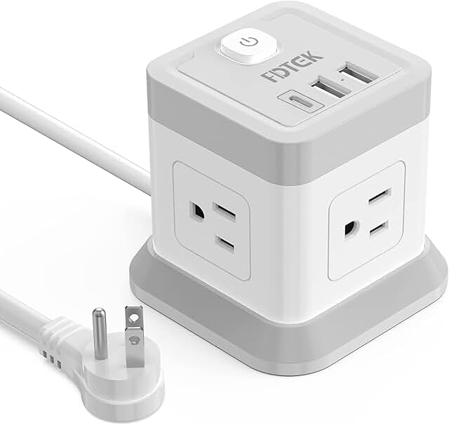 Flat Plug Power Strip with 4 Outlets and 3 USB