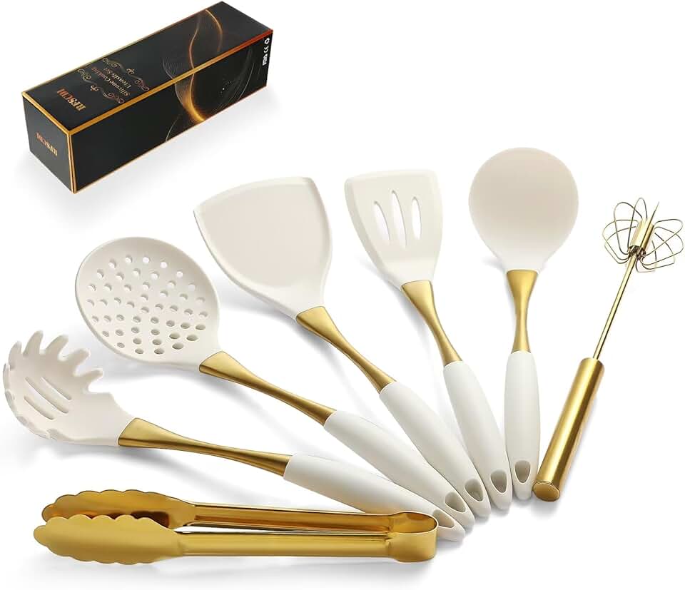 Elegant white gold silicone cooking utensils set with spatula and spoon