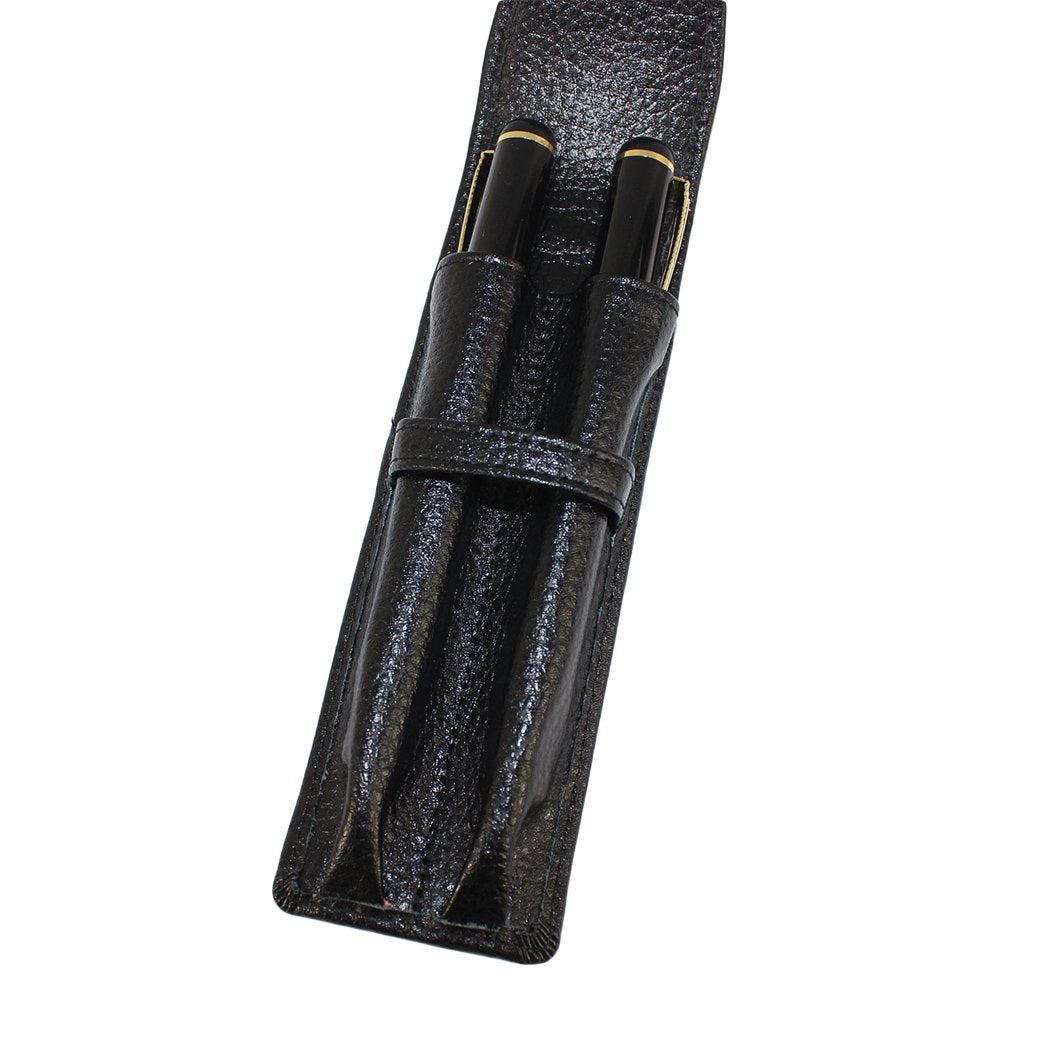 Black Genuine Leather Pen Case for Two Pens