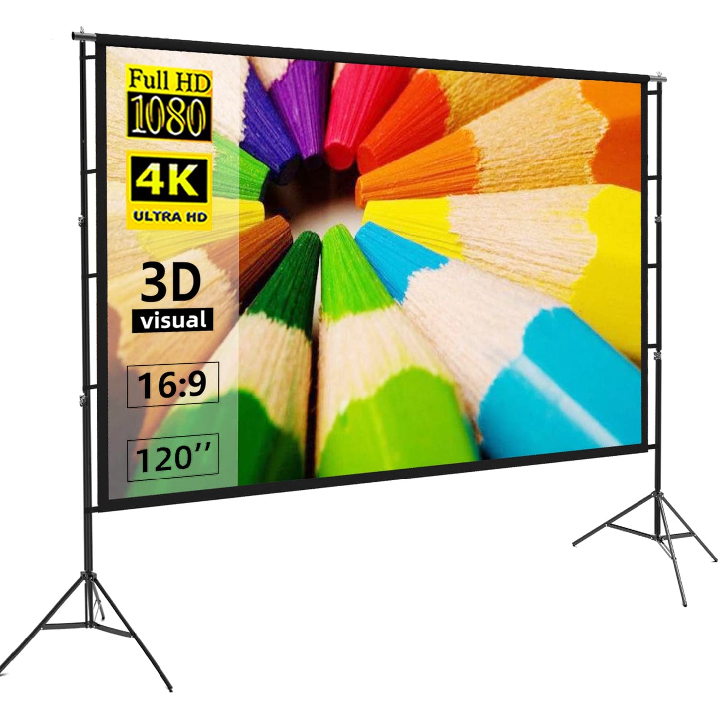 Projector Screen and Stand, 120 inch Indoor Outdoor Projection Screen, Portable 16:9 4K HD Rear Front Movie Screen Pull Down with Carry Bag Wrinkle-Free Design for Home Theater Backyard Cinema