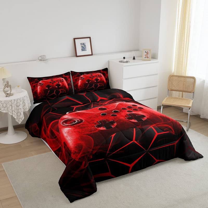 Gaming Comforter Set Kids Gamer Video Games Comforter for Boys Teens Modern Game Controller Bedding Set Breathable Red Gamer Console Duvet Set Room Decor Twin Size