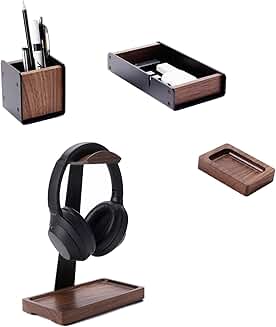 Black Walnut Headphone Stand with Desk Drawer and Pen Holder