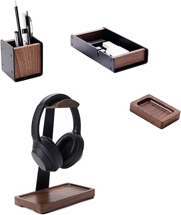 Black Walnut Headphone Stand with Desk Drawer and Pen Holder