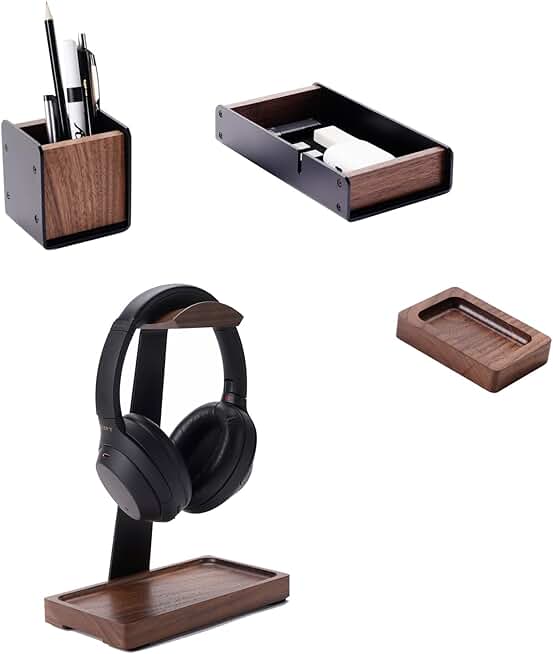 Black Walnut Headphone Stand with Desk Drawer and Pen Holder