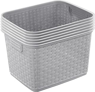 Six Tall Wicker-Style Storage Baskets in Cement Gray