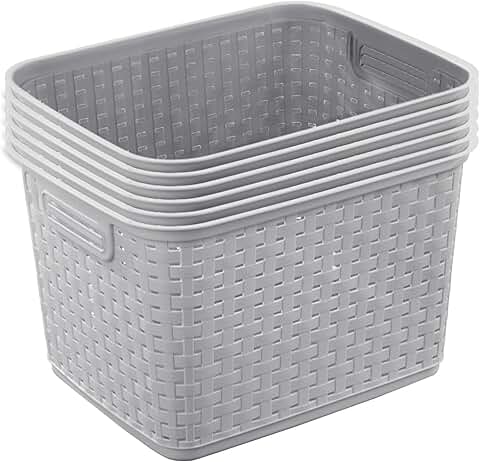 Six Tall Wicker-Style Storage Baskets in Cement Gray