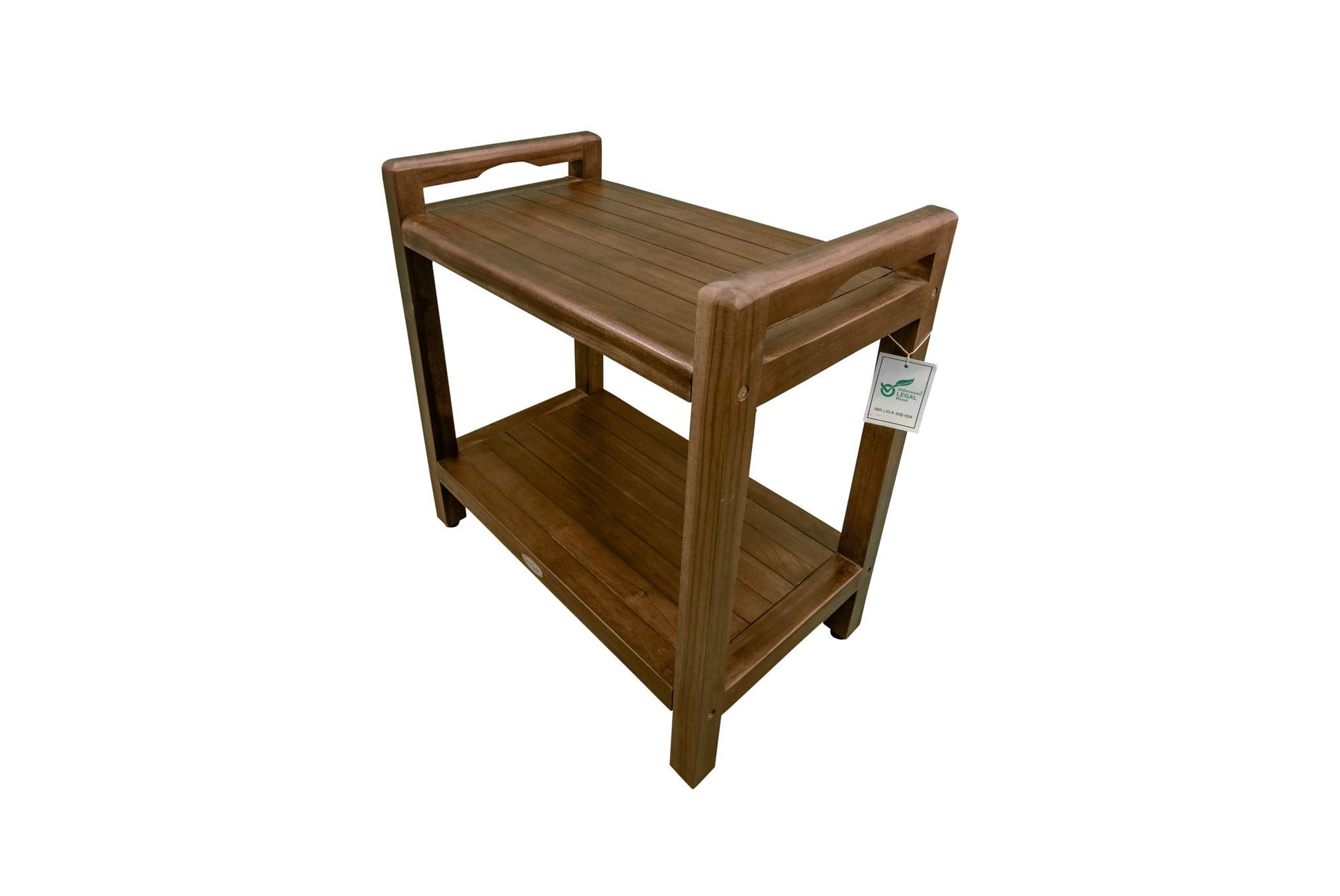Eleganto Clic Shower Bench Natural Teak wood shower stool with liftAide Arms and shelf Wood Shower Bench in Woodland Brown Finish  20 inches width, 18 Seat Height