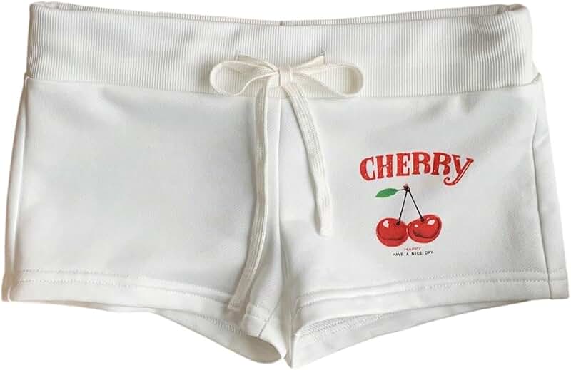 Women's Cherry Print Summer Shorts with Elastic Waist