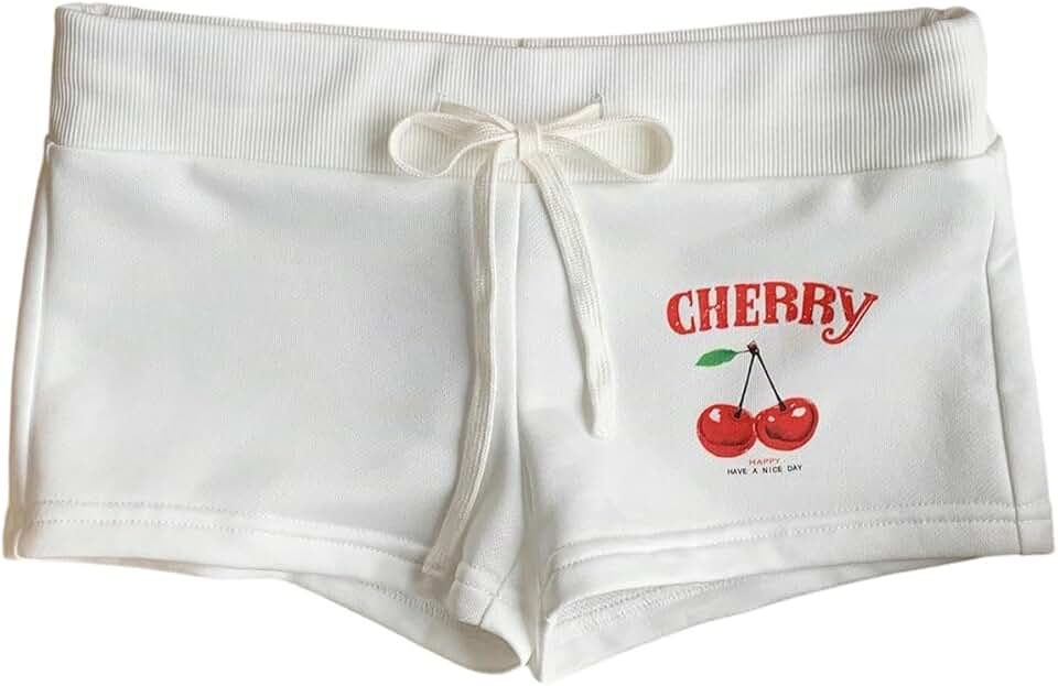 Women's Cherry Print Summer Shorts with Elastic Waist
