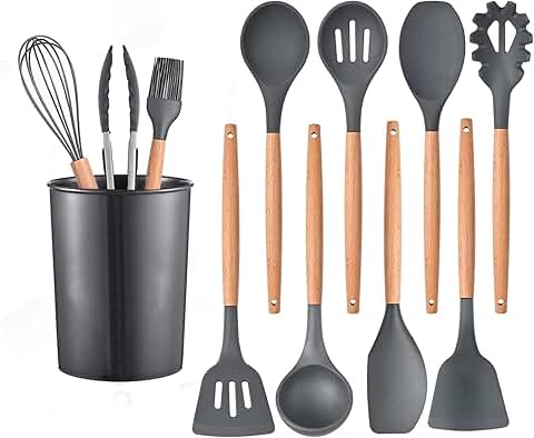 Silicone Kitchen Utensil Set with Wooden Handles