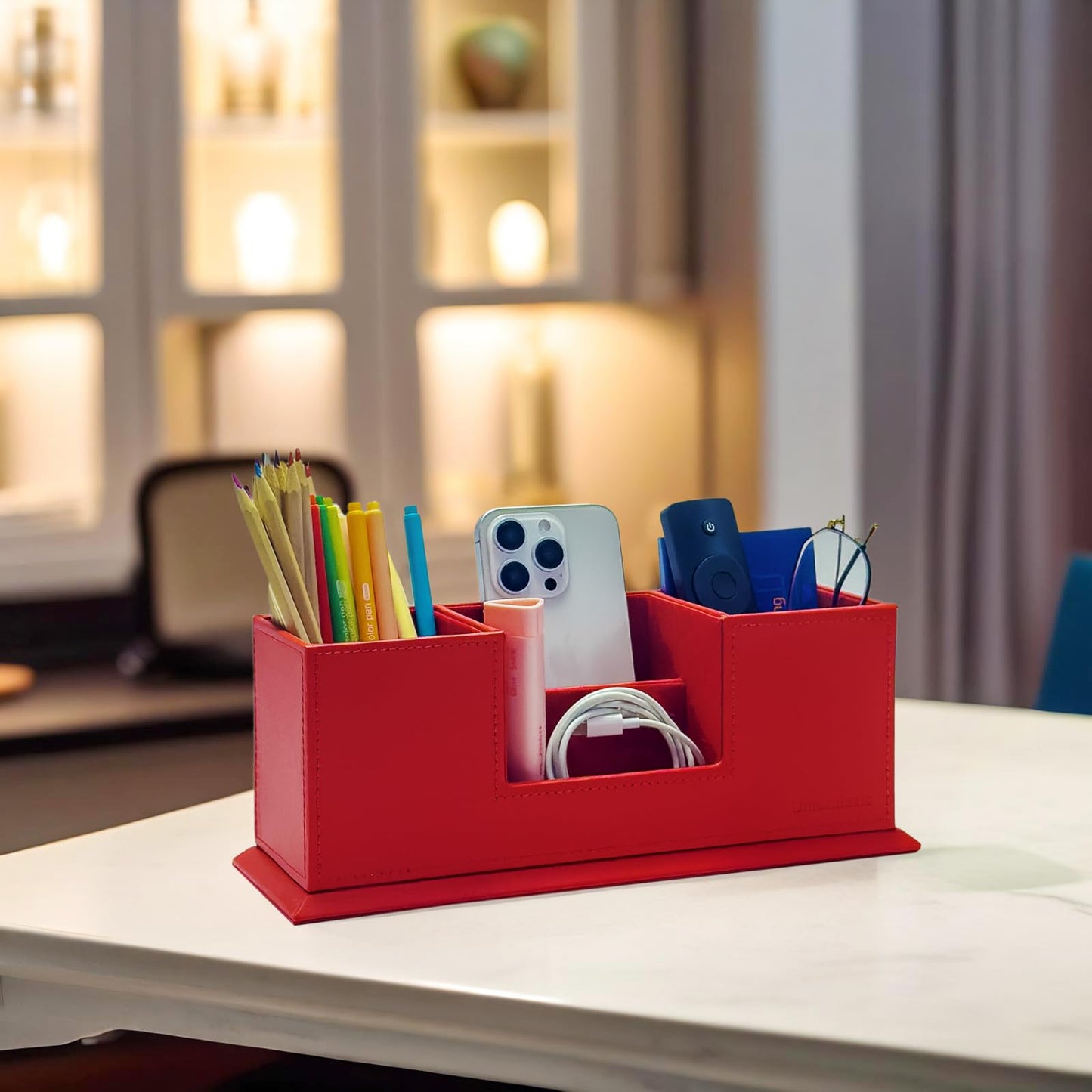 Red Leather Desk Organizer with Multiple Compartments