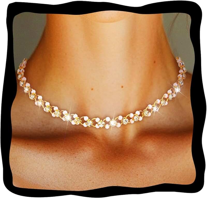 Gold Pearl Choker Necklace with Rhinestones for Women