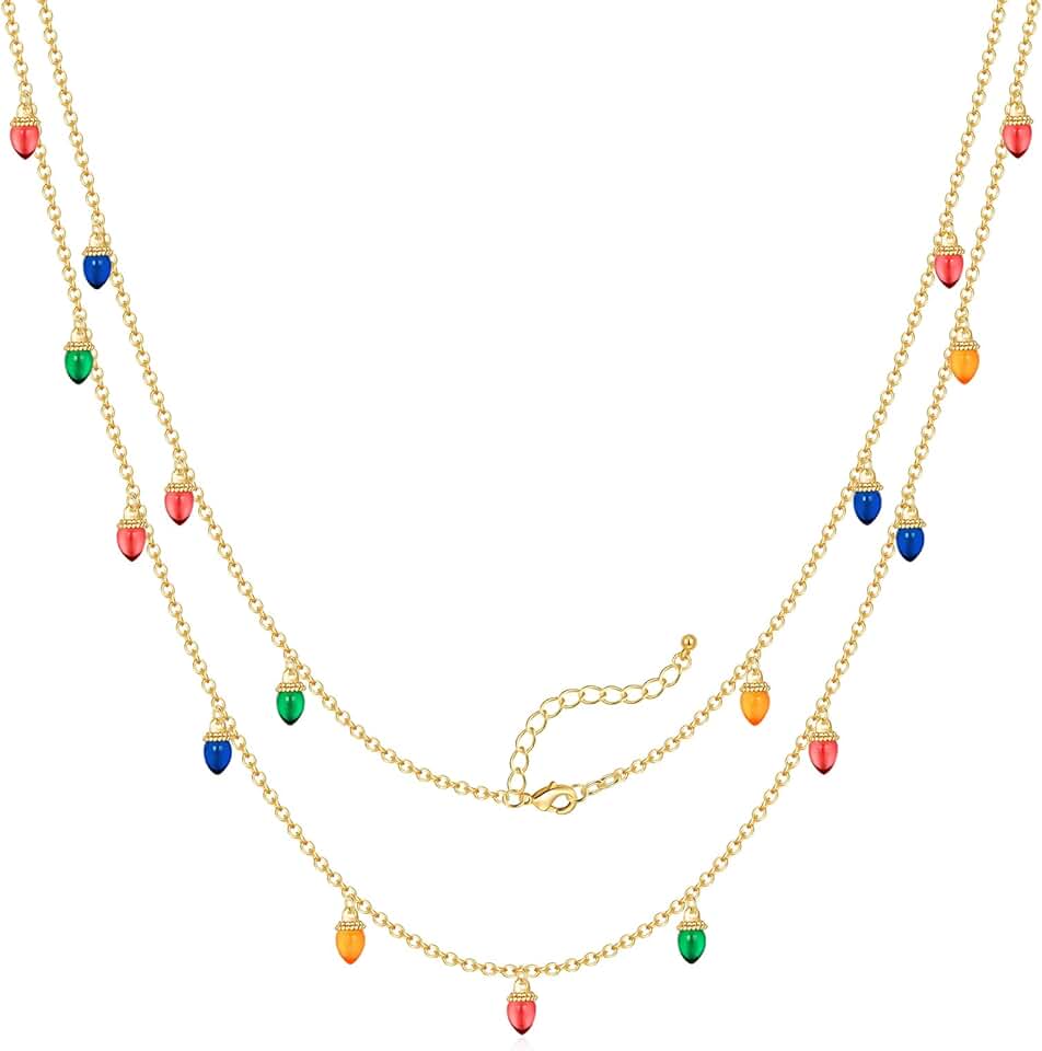 Colorful Christmas Light Bulb and Reindeer Pendant Necklace