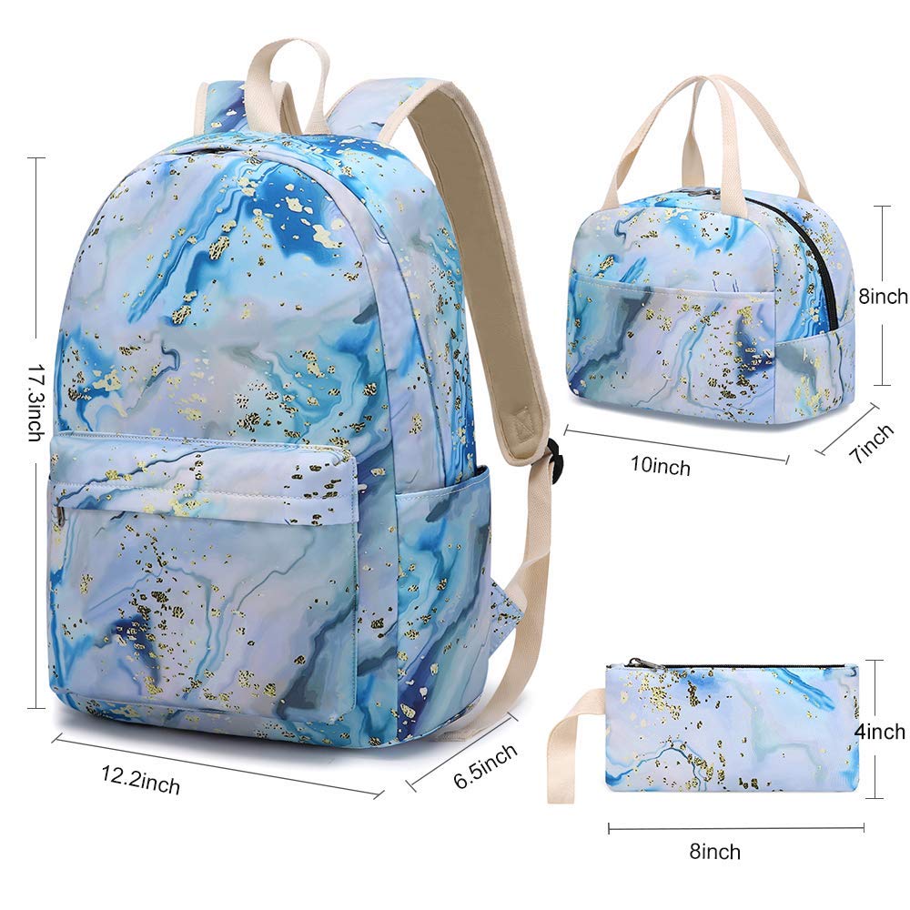 Teen Girls School Backpack Kids Bookbag Set with Lunch Box Pencil Case Travel Laptop Backpack Casual Daypacks (Blue-white)