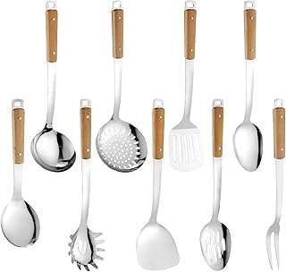Set of 9 stainless steel kitchen utensils with wooden handles