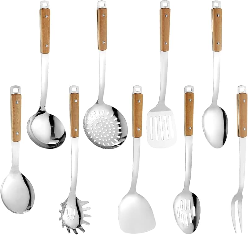 Set of 9 stainless steel kitchen utensils with wooden handles