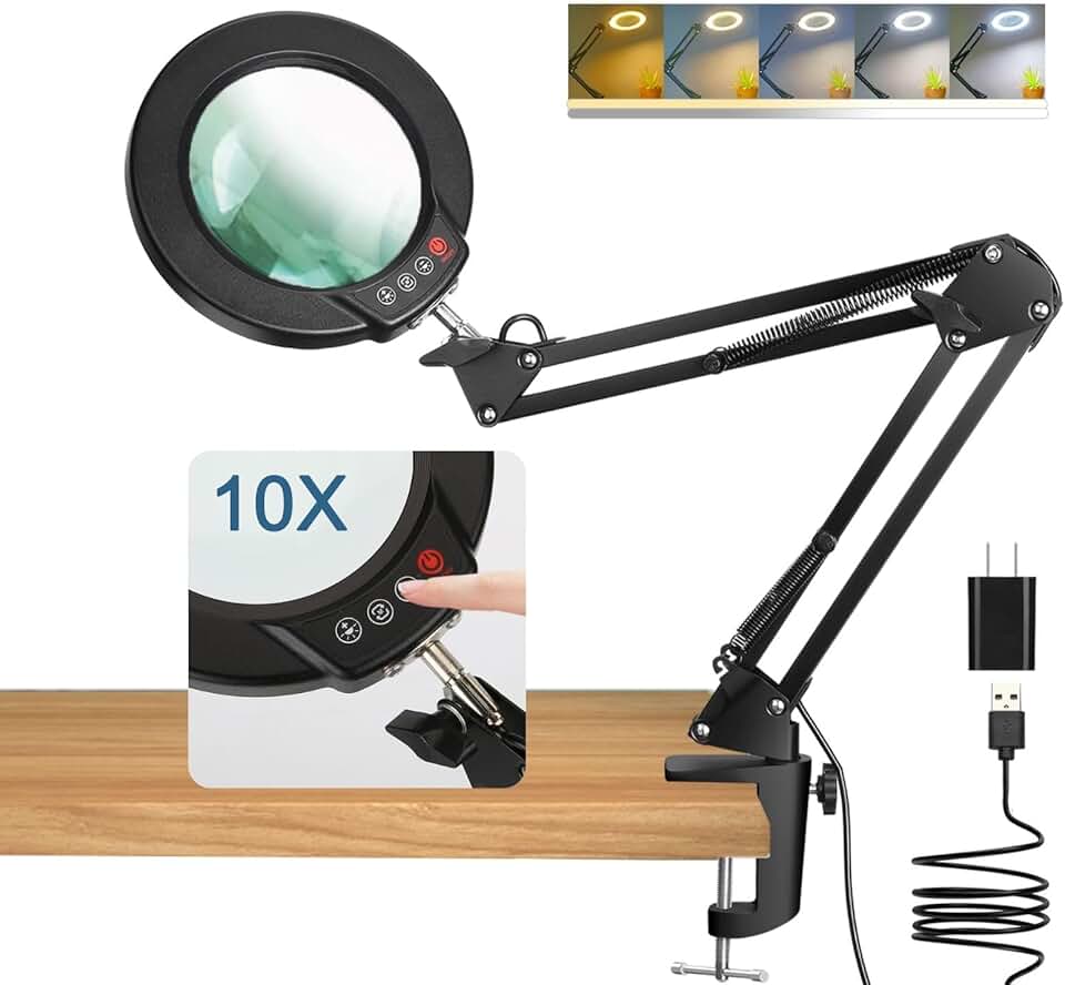 Magnifying Glass with Light, Clamp, and Dimmable LED