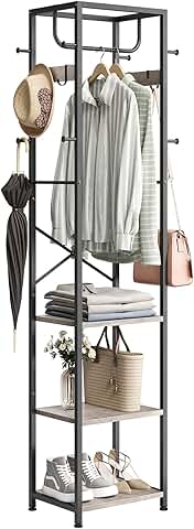Freestanding Coat Rack with Shelves and Hooks