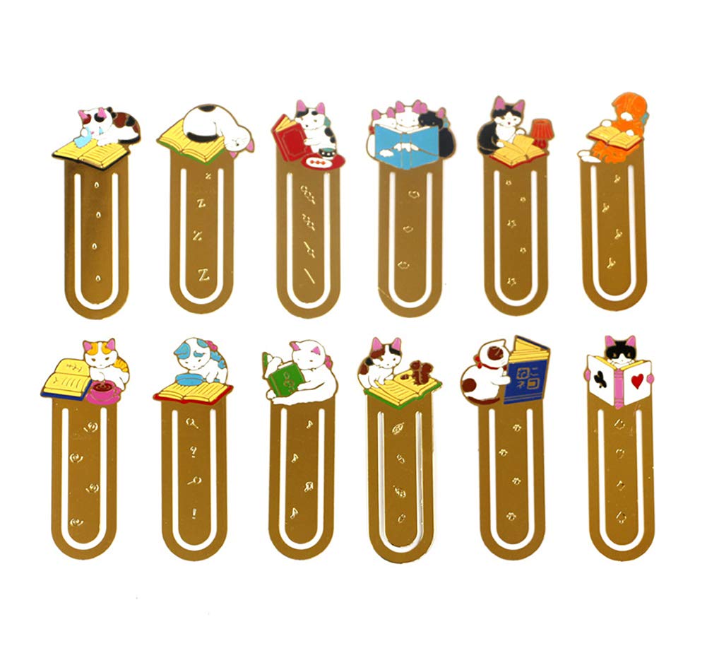 12 Pcs Cute Cat Metal Bookmarks for Kids