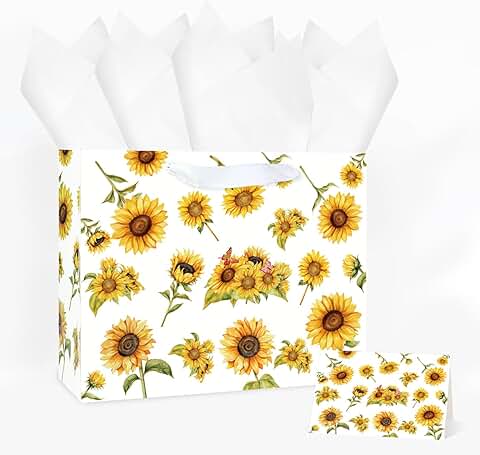 Large 13-Inch Sunflower Gift Bag with Handle and Card