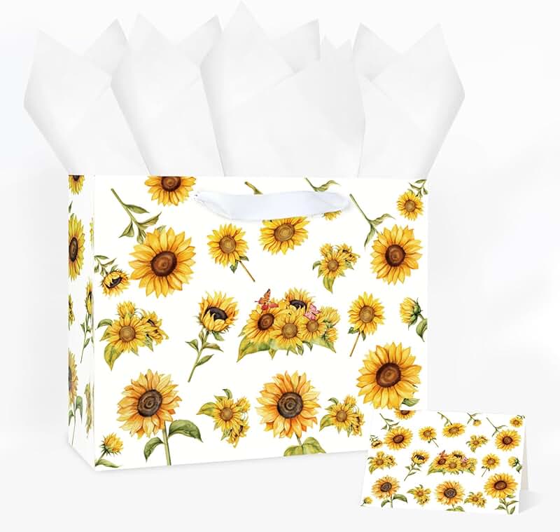 Large 13-Inch Sunflower Gift Bag with Handle and Card