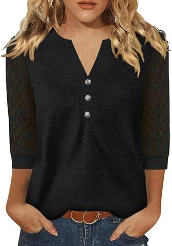 Women's 3/4 Sleeve V-Neck Lace Tunic Top
