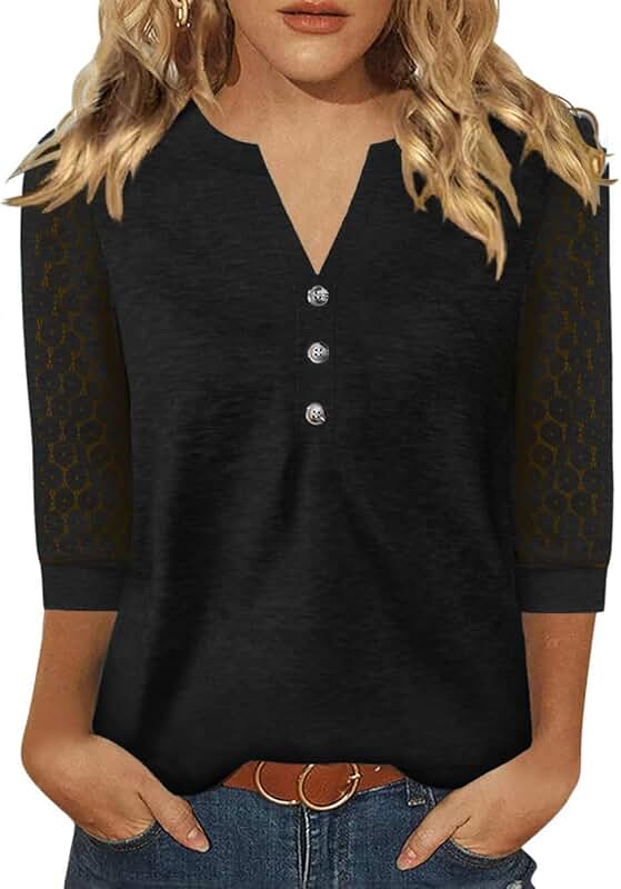 Women's 3/4 Sleeve V-Neck Lace Tunic Top