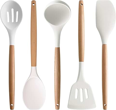 Set of 5 Silicone Kitchen Utensils with Wooden Handles