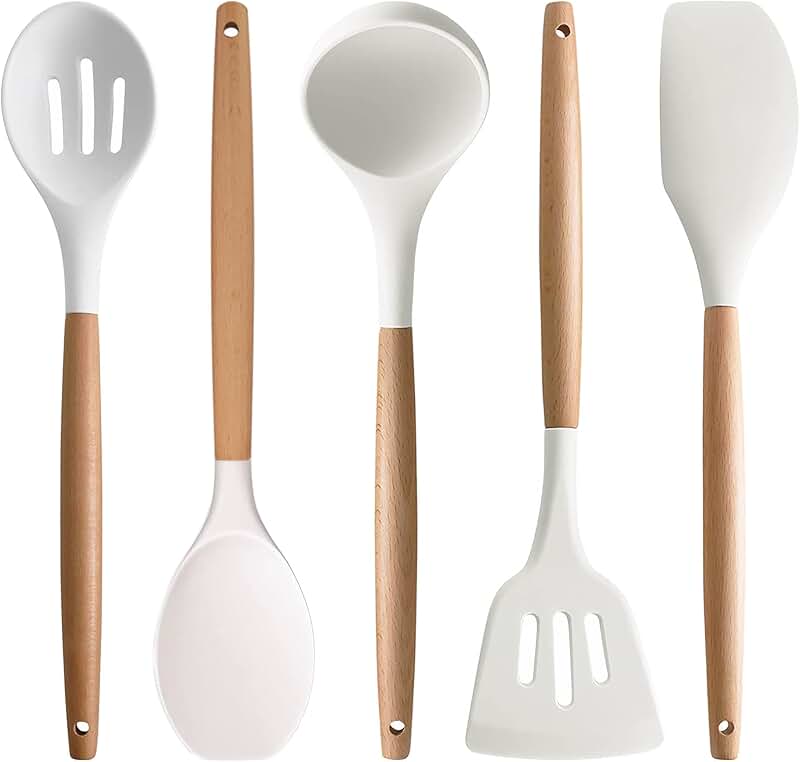 Set of 5 Silicone Kitchen Utensils with Wooden Handles