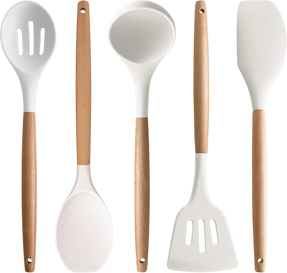 Set of 5 Silicone Kitchen Utensils with Wooden Handles