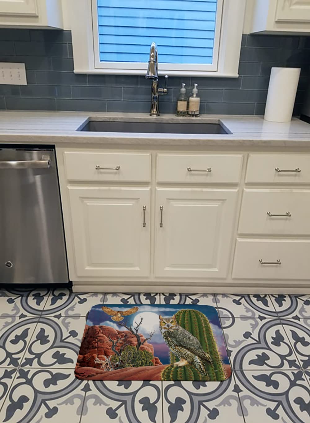 PRS4052RUG Great Horned Owl in The Desert Bath Mat Machine Washable Anti-Fatigue Memory Foam Kitchen Rug, 19 X 27, Multicolor