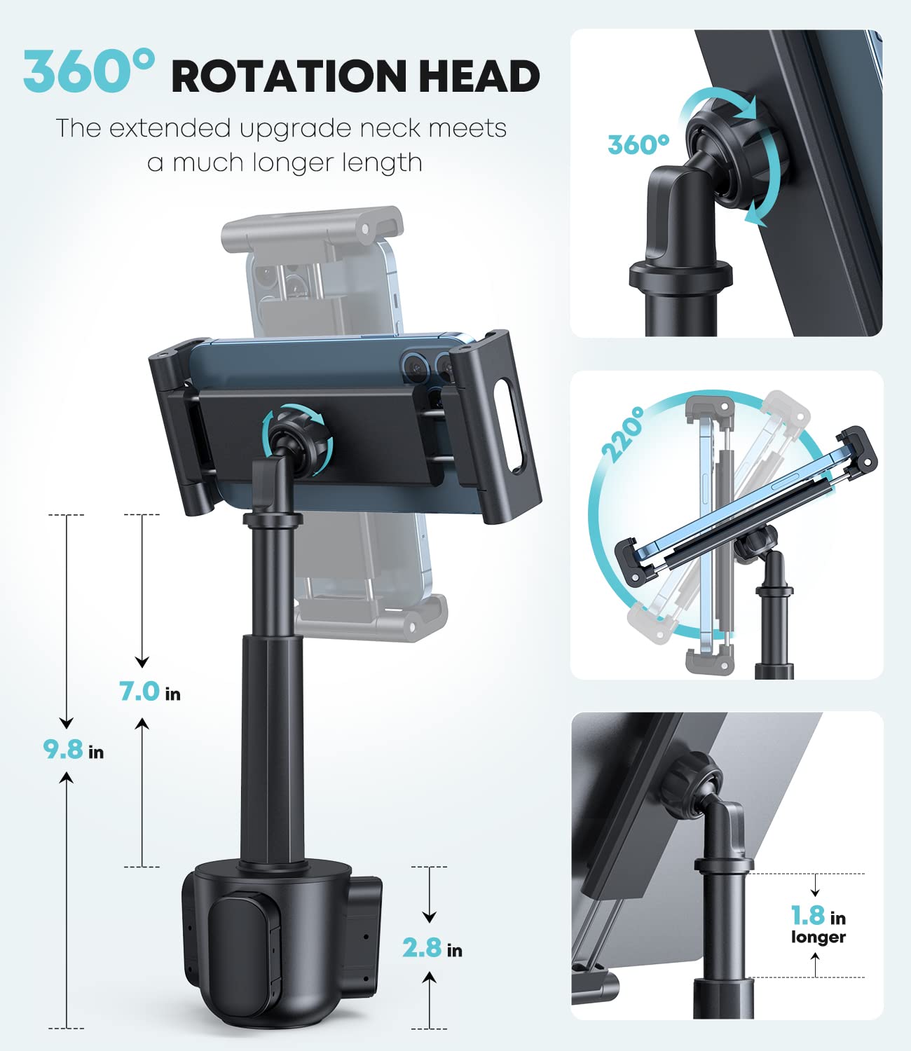 Car Cup Holder Tablet Mount, Universal Tablet & Smartphone Car Cradle Holder for iPad Pro/Air/Mini, Kindle,Tablets Nintendo Switch Smartphones, Compatible with 4.7" to 12.9" Devices