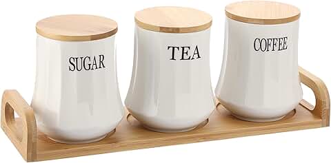 Set of three white ceramic canisters with bamboo lids