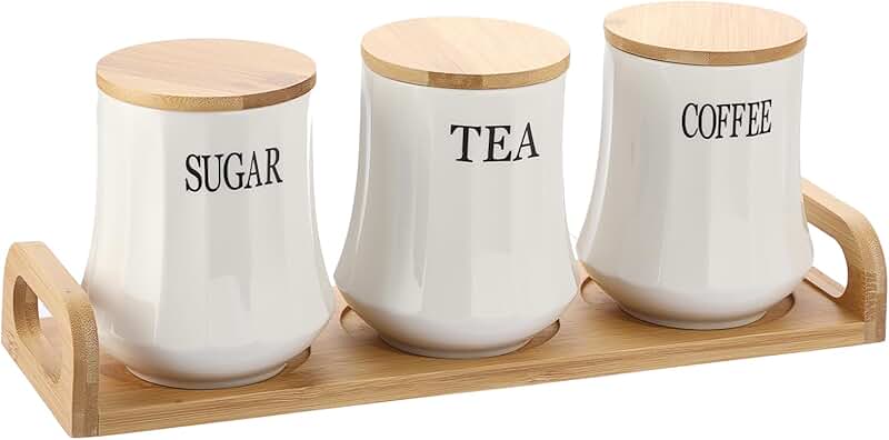 Set of three white ceramic canisters with bamboo lids