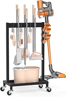 Broom and Cleaning Supplies Organizer with Wheels