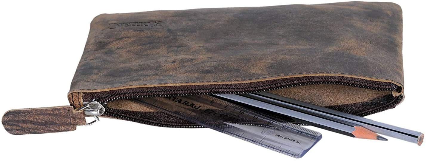 Leather zippered pencil case for artists and office use