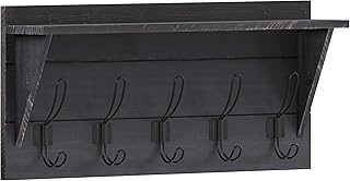 24-inch wall-mounted pine wood storage rack with shelf and hooks