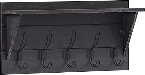24-inch wall-mounted pine wood storage rack with shelf and hooks