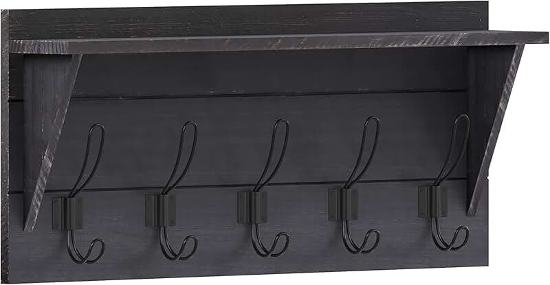 24-inch wall-mounted pine wood storage rack with shelf and hooks