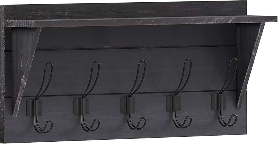 24-inch wall-mounted pine wood storage rack with shelf and hooks