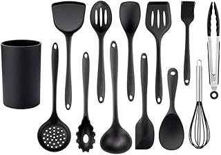 Black silicone kitchen utensil set with spatula ladle and egg beater