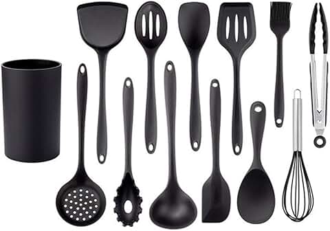 Black silicone kitchen utensil set with spatula ladle and egg beater