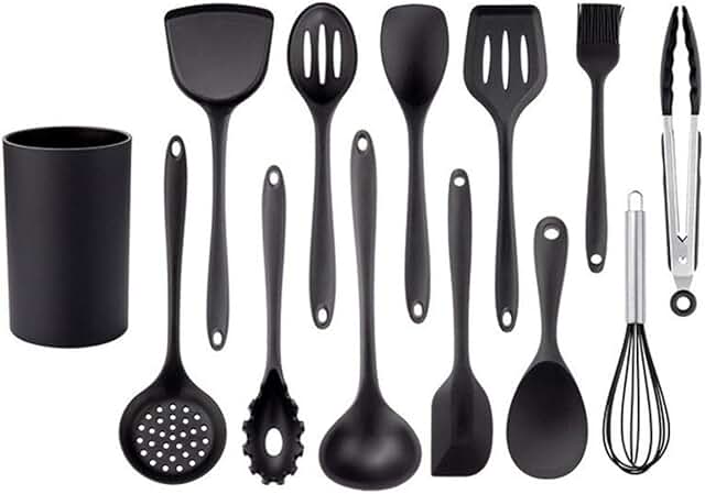 Black silicone kitchen utensil set with spatula ladle and egg beater
