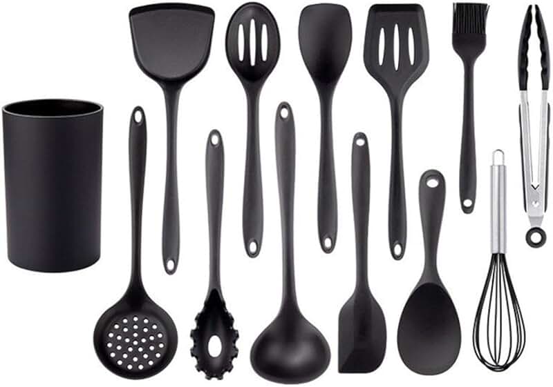 Black silicone kitchen utensil set with spatula ladle and egg beater