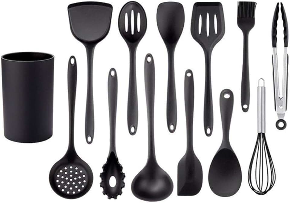 Black silicone kitchen utensil set with spatula ladle and egg beater