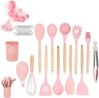 34-Piece Pink Silicone Cookware Set with Wooden Handles