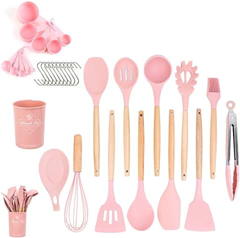 34-Piece Pink Silicone Cookware Set with Wooden Handles